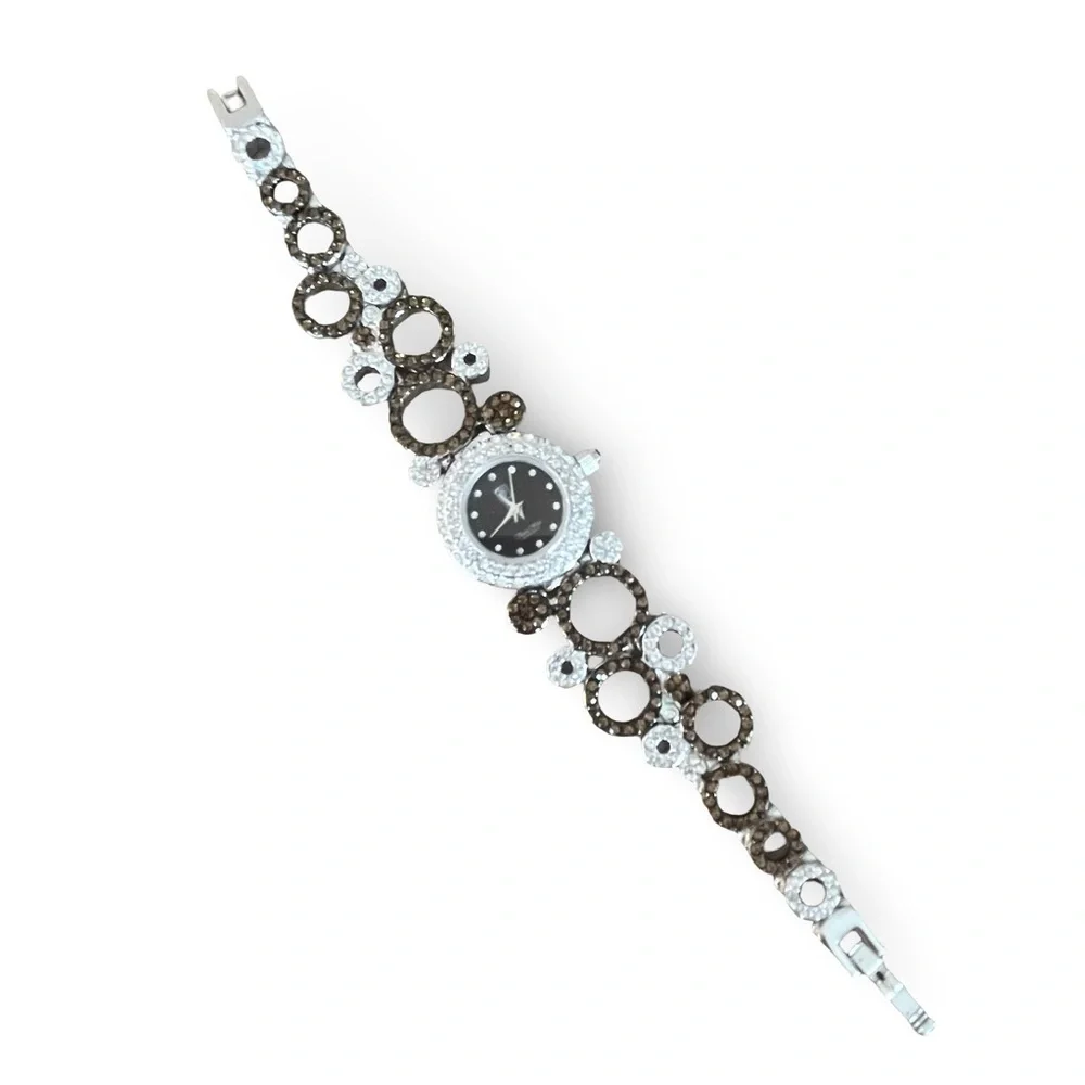 Victoria Wieck Women's Crystal Black Dial Gold Silver Rhinestone Bracelet Watch